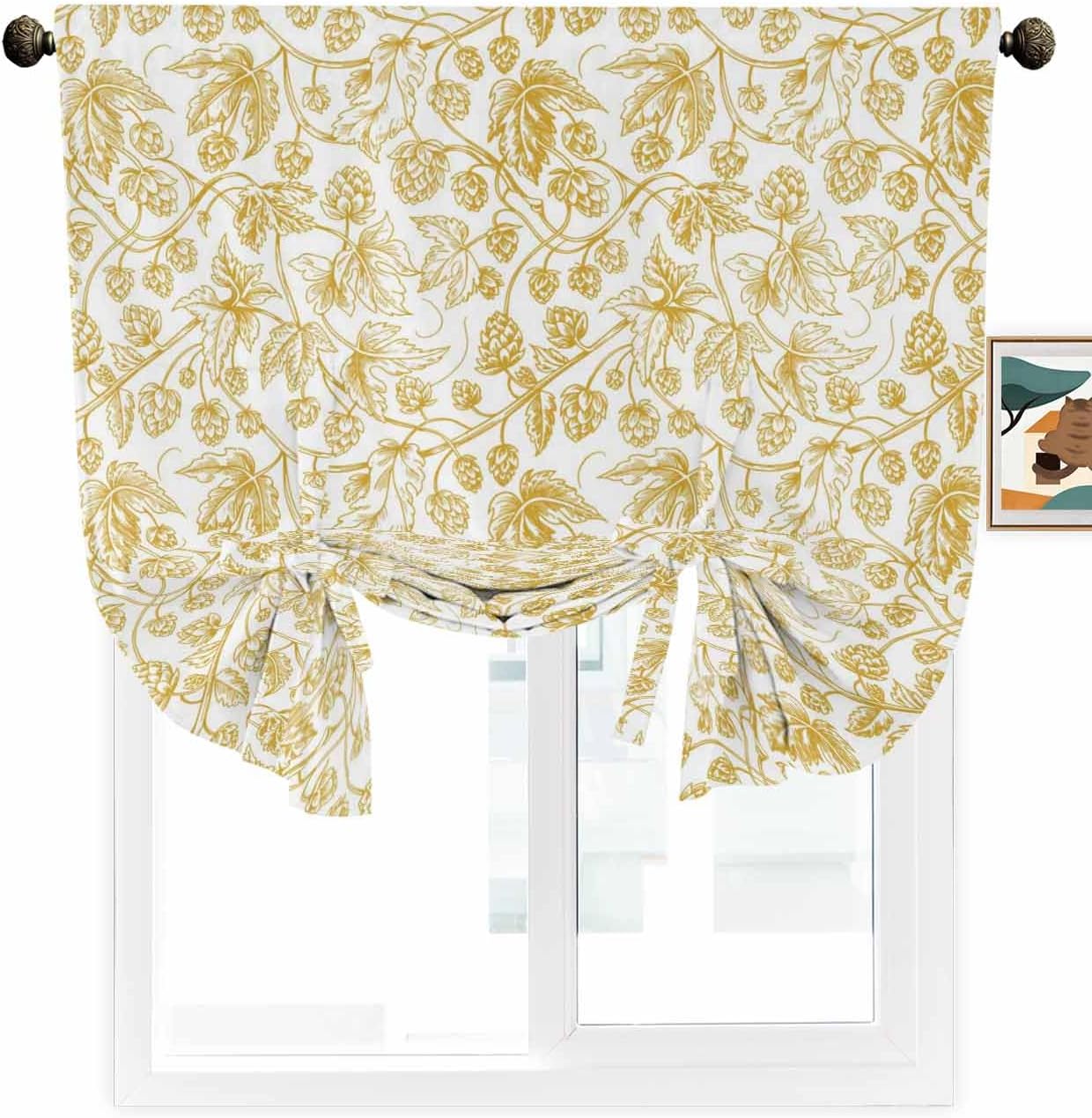 Yellow Floral Fruit Linen Tie Up Curtains Valance for Kitchen Small Window,Adjustable Living Room Bathroom Bedroom Drape Light Filtering Cafe Shade Drapery 1 Panel 42"x54" Shabby Chic Botanical Flower