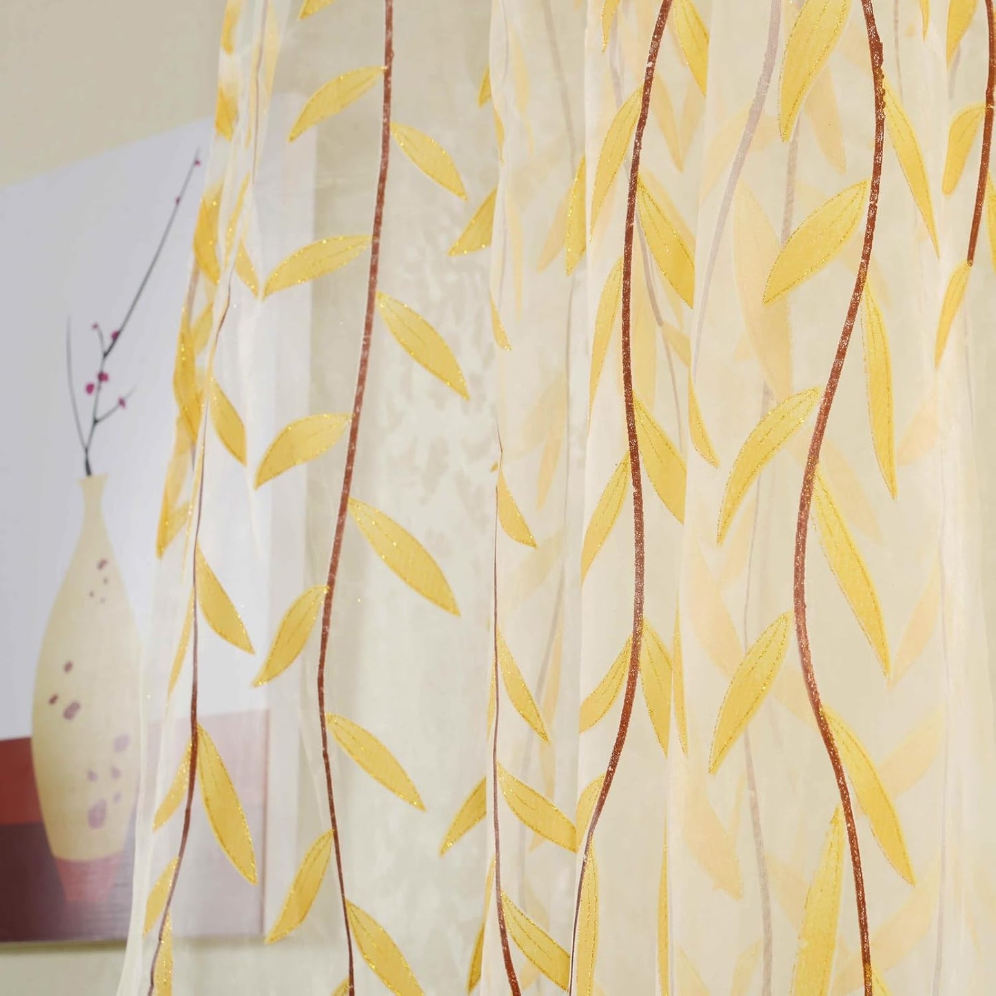 Ufurty 2-Piece Willow Leaf Window Curtains - Voile Tulle Sheer Room Drapes, Yellow, for Living Room, Bedroom, Balcony