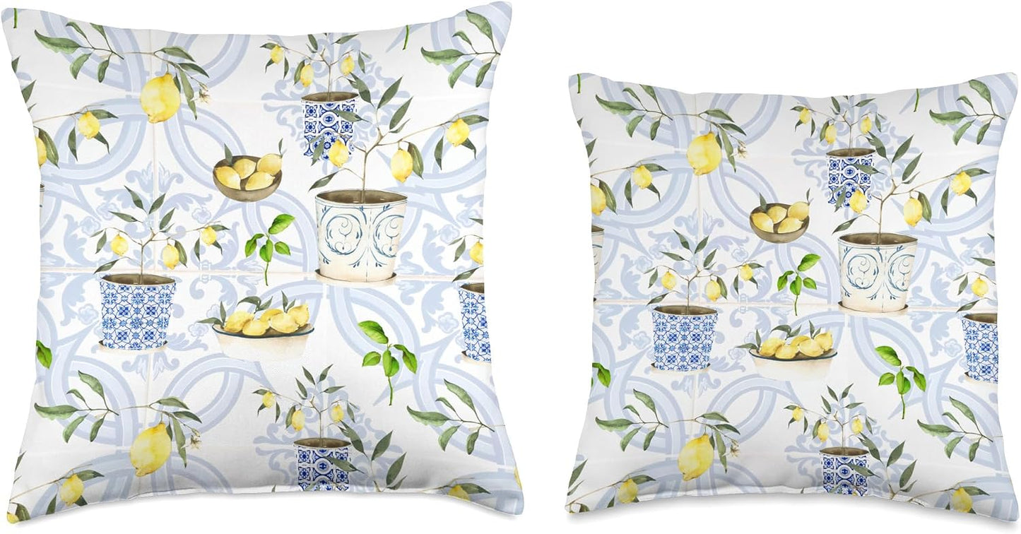 Summer Mosaic, Mediterranean,Italian Style,Lemon, Art Throw Pillow, 16x16, Multicolor
