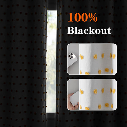 MEETSKY 100% Blackout Curtains for Girls Bedroom 63 Inch Length 2 Panels,Total Light Blocking Yellow White Pom Pom Curtains for Kids Room Darkening Window 2 Layered Drapes, Mustard Yellow, 52W x 63L