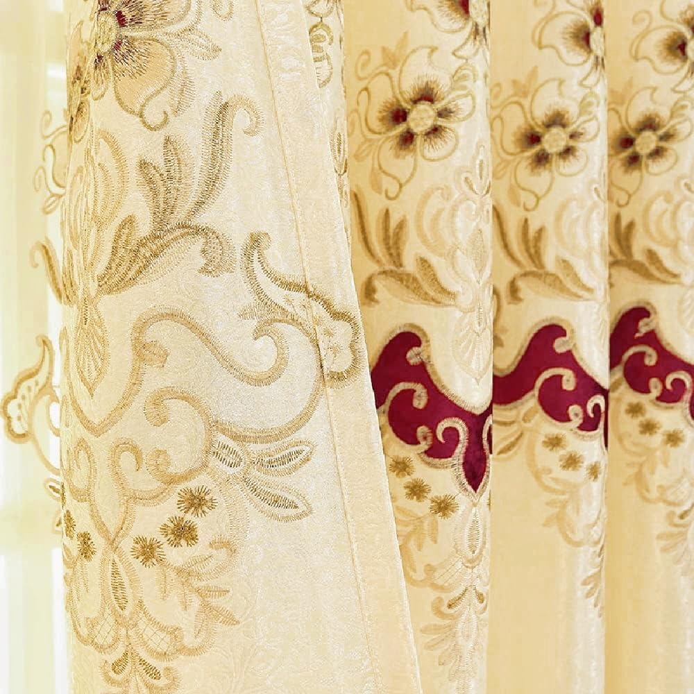Amidoudou 1 Pair European Luxury Embroidered Curtains for Living Room Bedroom (Yellow,51x95 Inch)