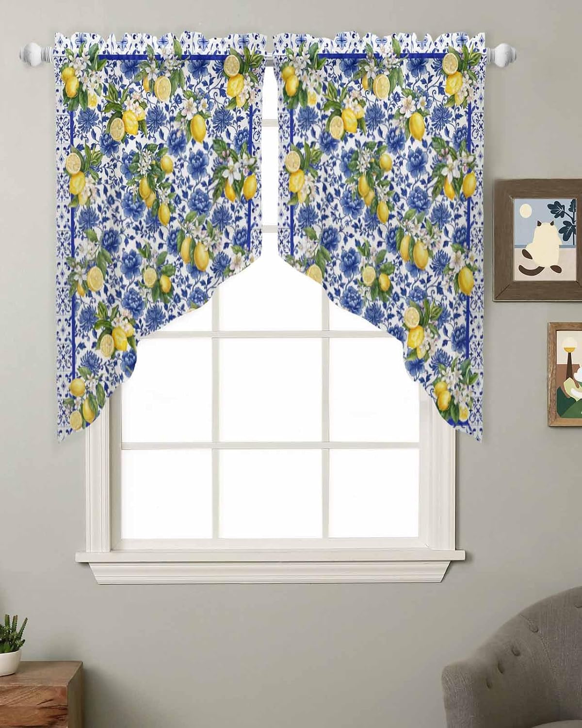 Summer Lemons Swag Curtains 36 Inch Length 2 Panels Set, Watercolor Yellow Fruits Blue Flowers Semi-Sheer Curtain Drapes Rod Pocket Valance For Kitchen,Living Room,Bedroom,Bathroom,Cafe 56"Wx36"L