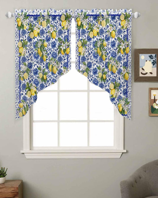 Summer Lemons Swag Curtains 36 Inch Length 2 Panels Set, Watercolor Yellow Fruits Blue Flowers Semi-Sheer Curtain Drapes Rod Pocket Valance For Kitchen,Living Room,Bedroom,Bathroom,Cafe 56"Wx36"L