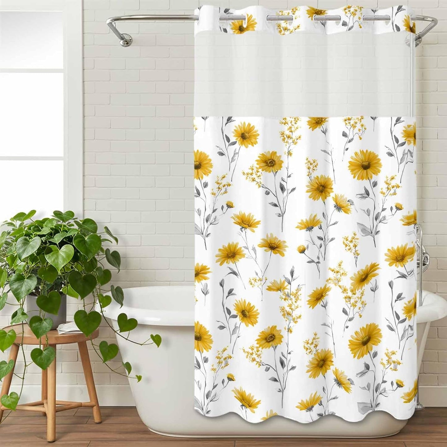 Floral Shower Curtain with No Hooks Snap in Liner Set, Yellow Flower Spring Bath Curtains See Through Sheer Top Window for Bathroom Hotel Style Decor,54"x78"