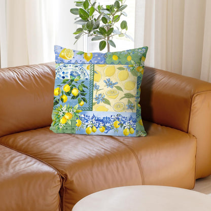 Lemon Throw Pillow Covers,Retro Patchwork Style Rustic Yellow Fruit Summer Plant Pattern Blue White Ceramic Tile Printed Pillow Cases Outdoor Sofa Cushion Cover for Living Room,16 "x16
