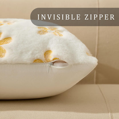 DFXSZ Spring Summer Pillow Covers 18x18 inch Set of 2 Farmhouse Decor Yellow Embroidery Daisy White Soft Plush Faux Fur Jacquard Throw Pillows for Sofa Holiday Spring Home Decor PTK081A18