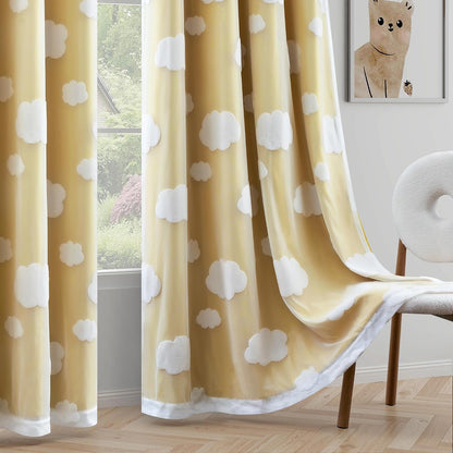 Yellow Blackout Curtains for Nursery Double Layer Curtains with Cute Cloud Pattern Sheer Overlay Grommet Room Darkening Drapes for Kids Room 2 Panels Set, W52 X L84