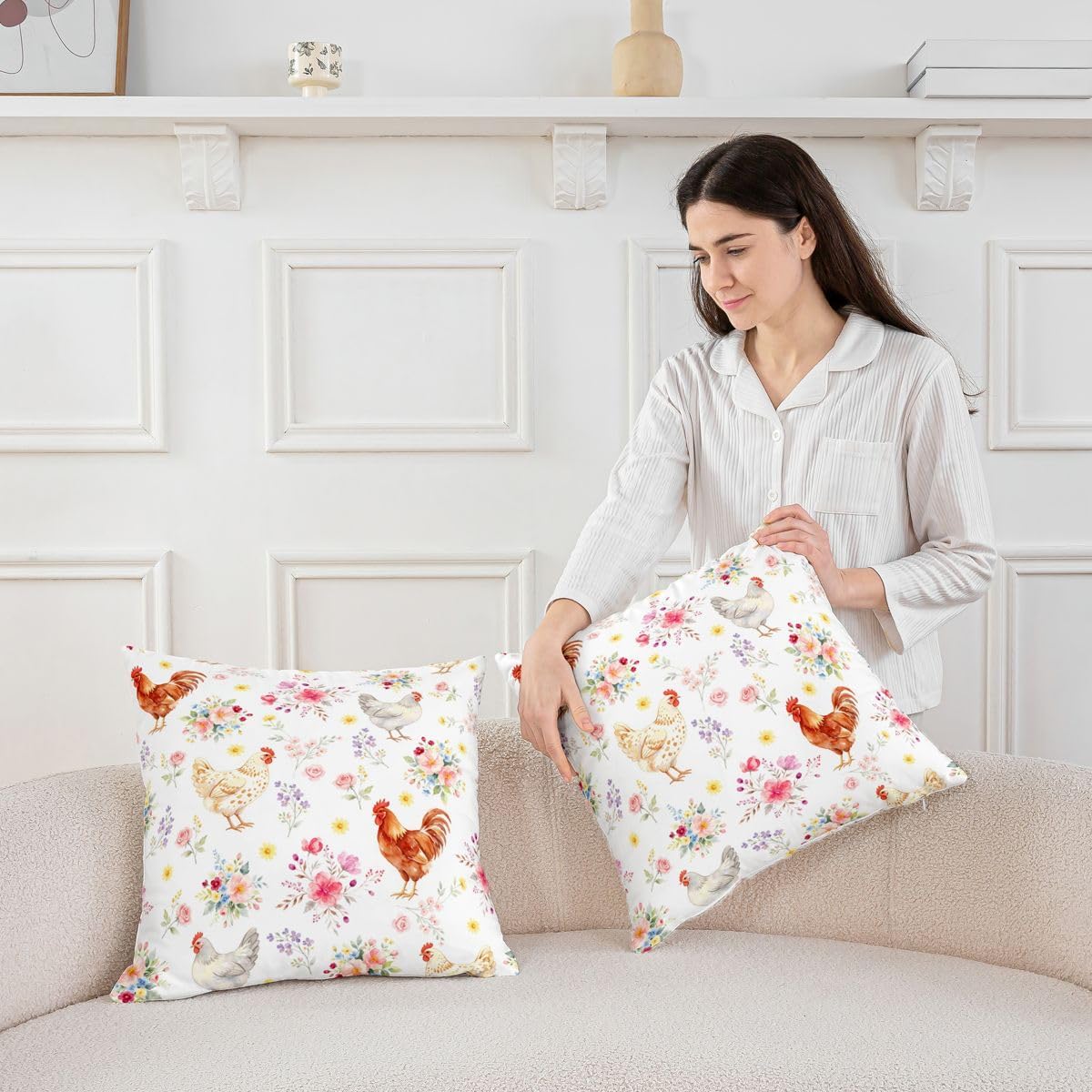 Manfei Chick Pattern Throw Pillow Cover Colorful Flowers Cushion Case Country-Style Pillow Cover for Living Room,Yellow Pinik Soft Pillowcases,22x22 Inches