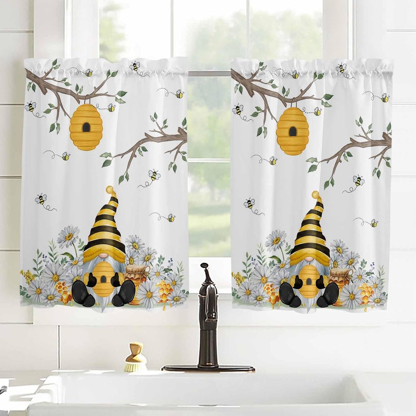 Yellow Gnomes Small Window Curtains 45 Inch Length, Bees Spring Floral Daisy Branches Rod Pocket Window Treatment Kitchen Drapes for Bedroom, Cafe, Living Room, 2 Panels, 27.5 W x 45 L