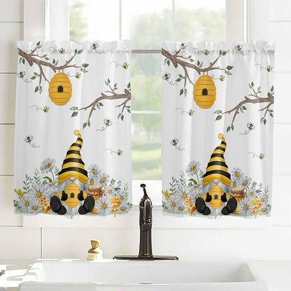 Yellow Gnomes Small Window Curtains 45 Inch Length, Bees Spring Floral Daisy Branches Rod Pocket Window Treatment Kitchen Drapes for Bedroom, Cafe, Living Room, 2 Panels, 27.5 W x 45 L