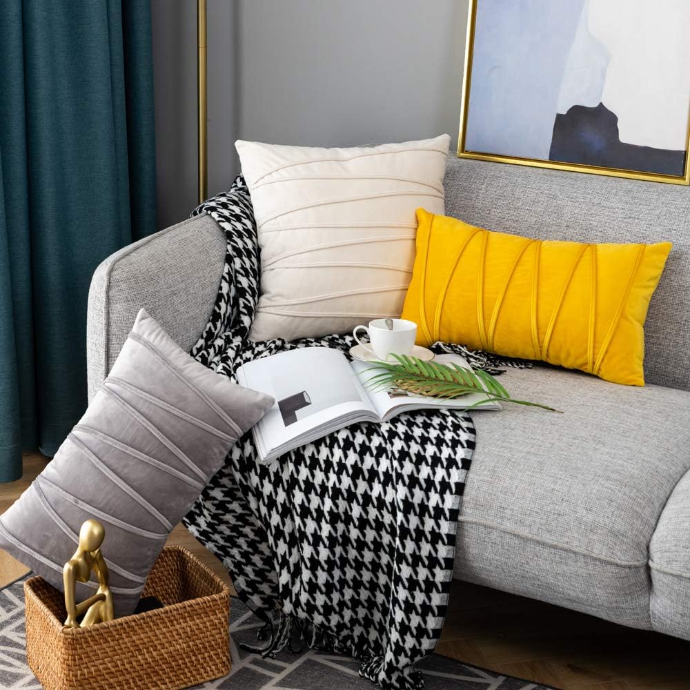 Yellow Lumbar Throw Pillow Covers Hand-Made Soft Velvet Striped Cushion Covers 12 x 20 for Couch Sofa Bedroom Car 2 Pieces Decorative Zigzag Stripe Cushion Cases