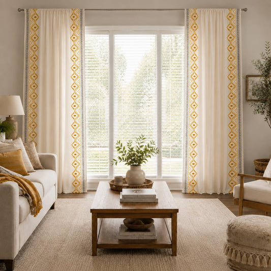 ColorBird Curtains for Living Room Ivory Light Filtering with Yellow Brown Embroidered, Boho 84 Inches Decorative Curtains & Drapes for Bedroom Dining Room