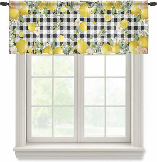 Country Sheer Curtain 18 Inch Long Vintage Yellow Lemon Flowers Black White Check Light Filtering Rod Pocket Voile Curtain Valance for Bedroom Kitchen Cafe Window 54" W x 18" L