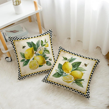 Summer Pillow Covers 18x18 Inch Set of 2 Lemon Decorative Black Plaid Throw Pillows Outdoor Porch Cushion Cases for Sofa Couch