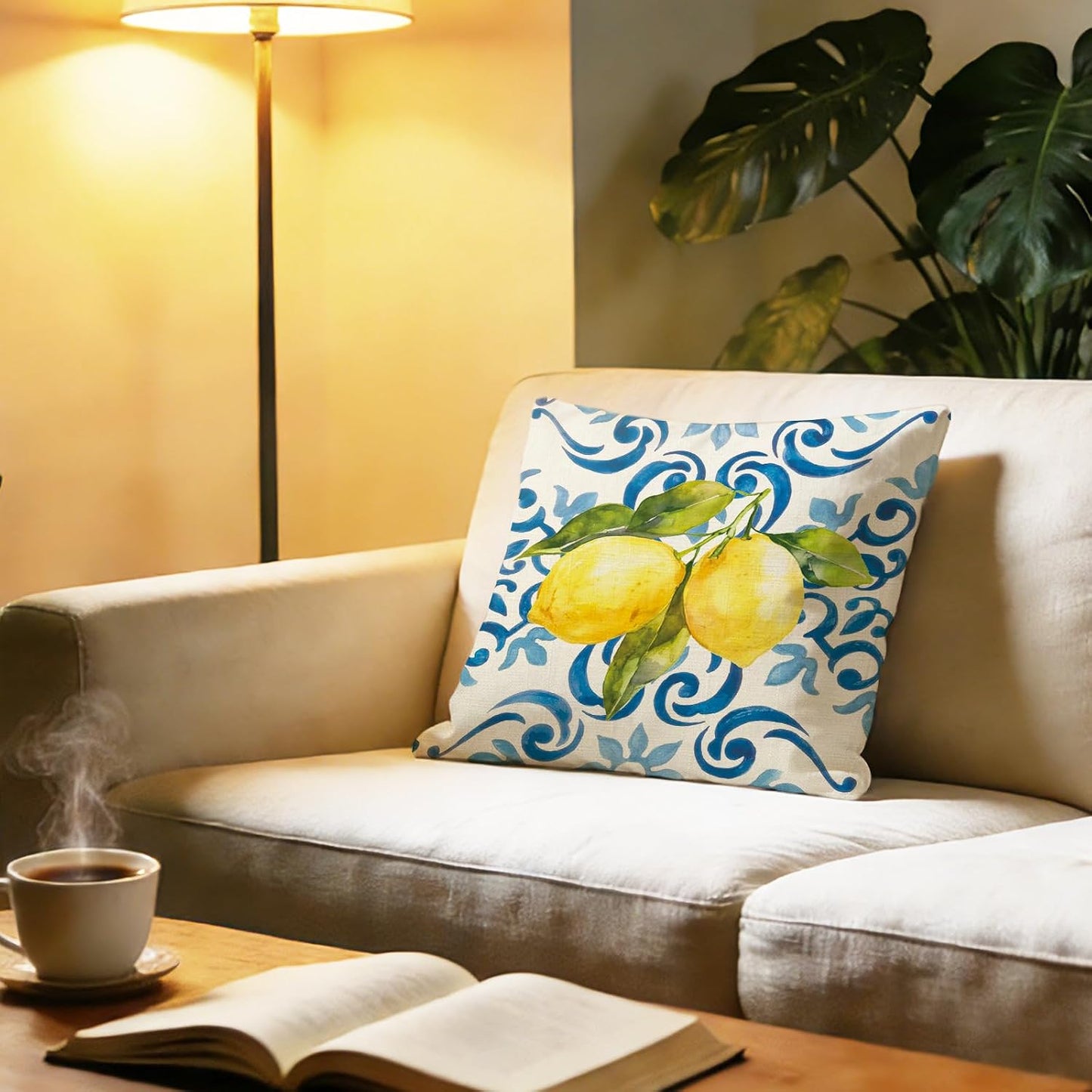 Lemon Italy Tile Pattern Decorative Throw Pillow Cover 20 x 20, Blue Italian Amalfi Coast Citrus Porch Outdoor Home Decor, Spring Summer Mediterranean Sofa Couch Cushion Case