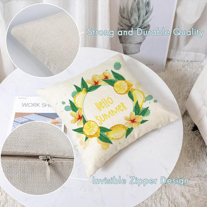 YeeJu Set of 4 Summer Throw Pillow Covers 18x18 Inch Summer Decorative Lemon Truck Biycle Farmhouse Pillowcase Square Cotton Linen Cushion Covers for Summer Home Décor (18 by 18)