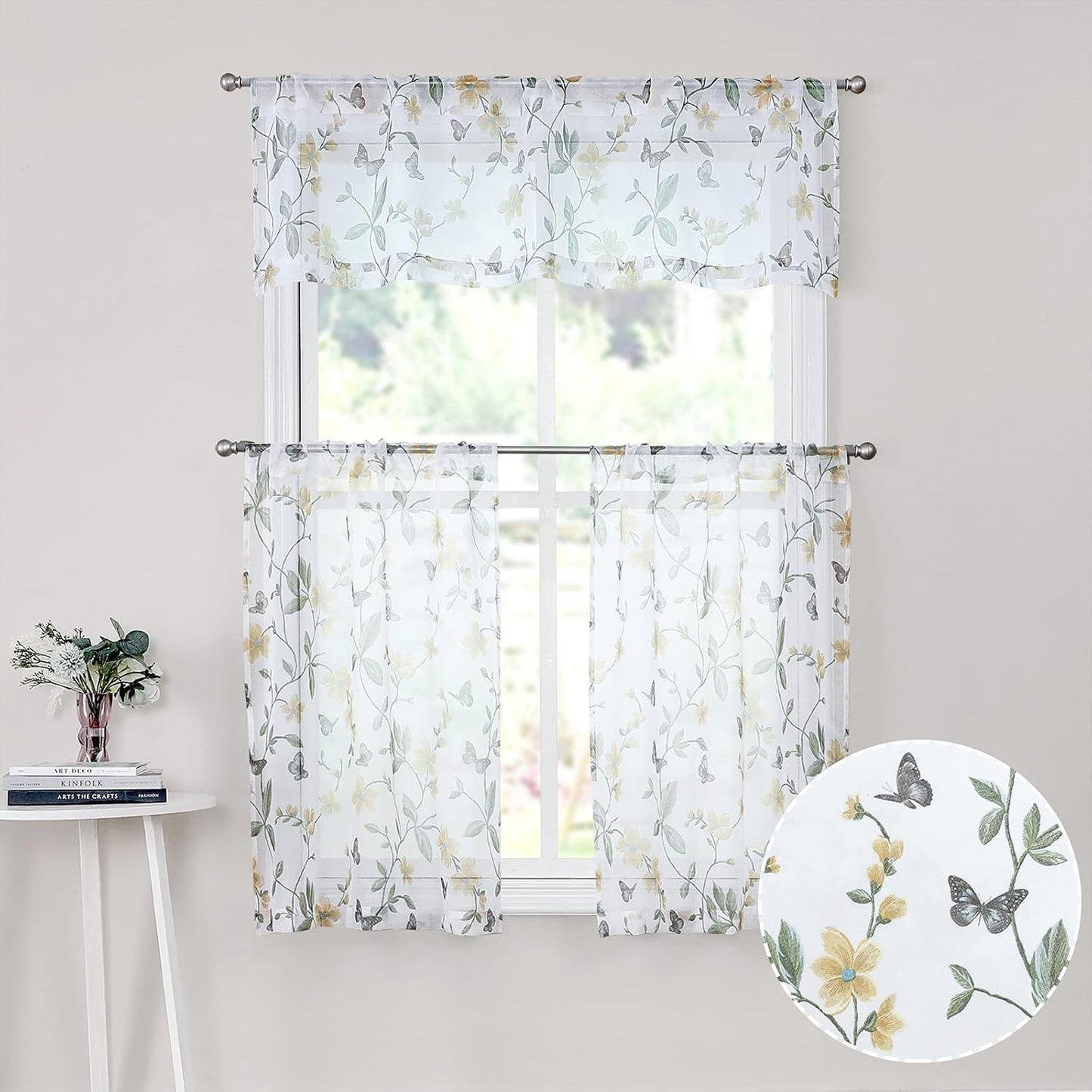 Tollpiz Sheer Floral Curtain Valance Yellow Flower Butterfly Printed Bedroom Curtain Valances Rod Pocket Voile Faux Linen Window Valance Curtains for Living Room, 54 x 16 inches Long, Set of 1 Panel