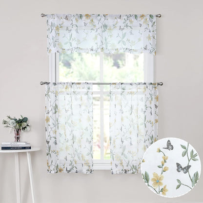 Tollpiz Sheer Floral Curtain Valance Yellow Flower Butterfly Printed Bedroom Curtain Valances Rod Pocket Voile Faux Linen Window Valance Curtains for Living Room, 54 x 16 inches Long, Set of 1 Panel
