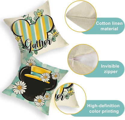 Spring Summer Decorative Throw Pillow Covers 16 x 16 Set of 4, Daisy Flower Eucalyptus Leaves Bloom Gather Cushion Case Decor, Teal Yellow Stripes Polka Dot Home Decoration
