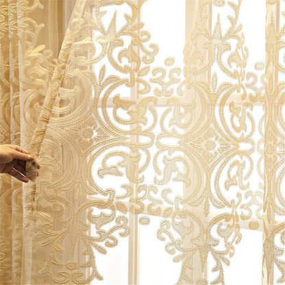 European Style Sheer Curtain - Grommet Top Luxury Window Screening for Living Room, Bedroom, Balcony - Hollow Semi-Shading Voile, Simple Modern Drape