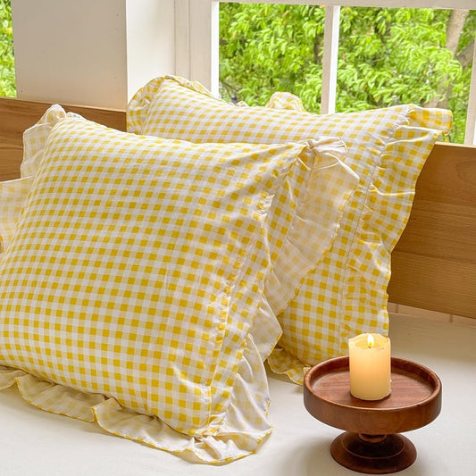 NSNLGSGC Yellow Ruffled Plaid Gingham Pillow Shams 20"x20", Set of 2 Taupe Checked Pre-Washed Microfiber Farmhouse Pillowcases for Bed/Sofa (20"x20", Yellow Gingham)