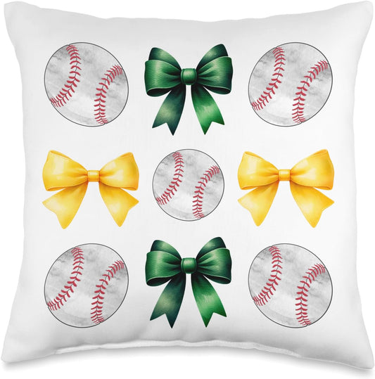 Baseballs & Green & Yellow Bows Tee Ball Mom School Pride Throw Pillow