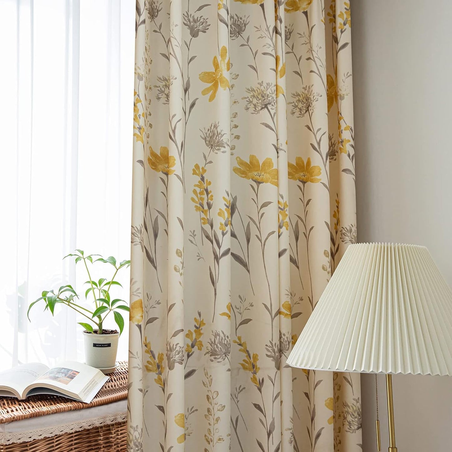 SUOUO Mustard Yellow Floral Curtain for Living Room Boho Chenille Patterned Grey Leaf 84 Inches Long Window Drapes for Bedroom Dining Sunflower 2 Panels