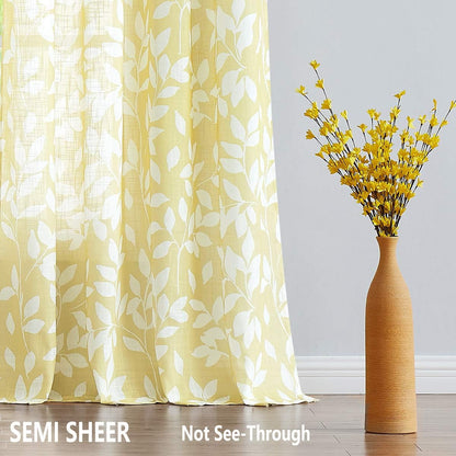 Treatmentex Semi-Sheer Curtains for Living Room Windows 95" Long White and Yellow Leaf Print Curtains for Girl's Room, Bedroom Grommet Top Curtain Panels, Mustard Yellow, 1 Pair