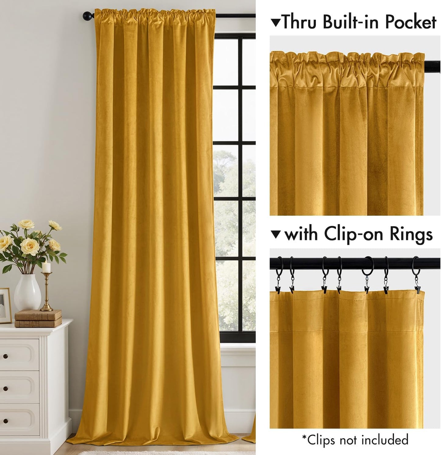 MIULEE Mustard Yellow Velvet Curtains 90 Inch Long Luxury Super Soft Thermal Insulated Blackout Curtains Room Darkening Drapes Rod Pocket Design for Bedroom Living Room Set of 2 Panels, W40 x L90 Inch