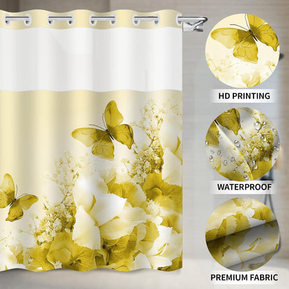 No Hook Yellow Shower Curtain with Snap in Fabric Liner Set,Nature Double Layers Waterproof Fabric,Flowers and Butterfly Shower Curtains for Bathroom Clearance 71x74
