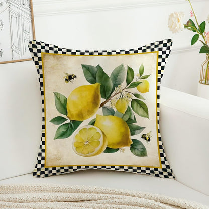 Summer Pillow Covers 18x18 Inch Set of 2 Lemon Decorative Black Plaid Throw Pillows Outdoor Porch Cushion Cases for Sofa Couch