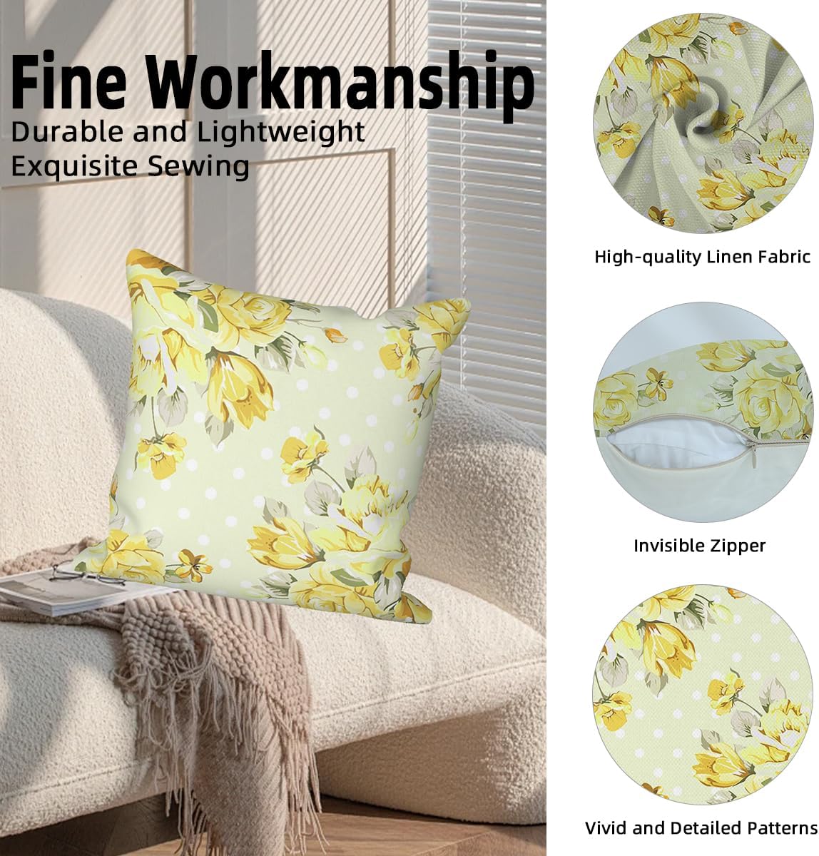 Light Yellow Flower Throw Pillow Covers 20"x20" Set of 4, Retro Floral Sofa Pillowcases for Chair Couch Bed Living Room Office Car Garden Patio Farmhouse Indoor Outdoor Decorative