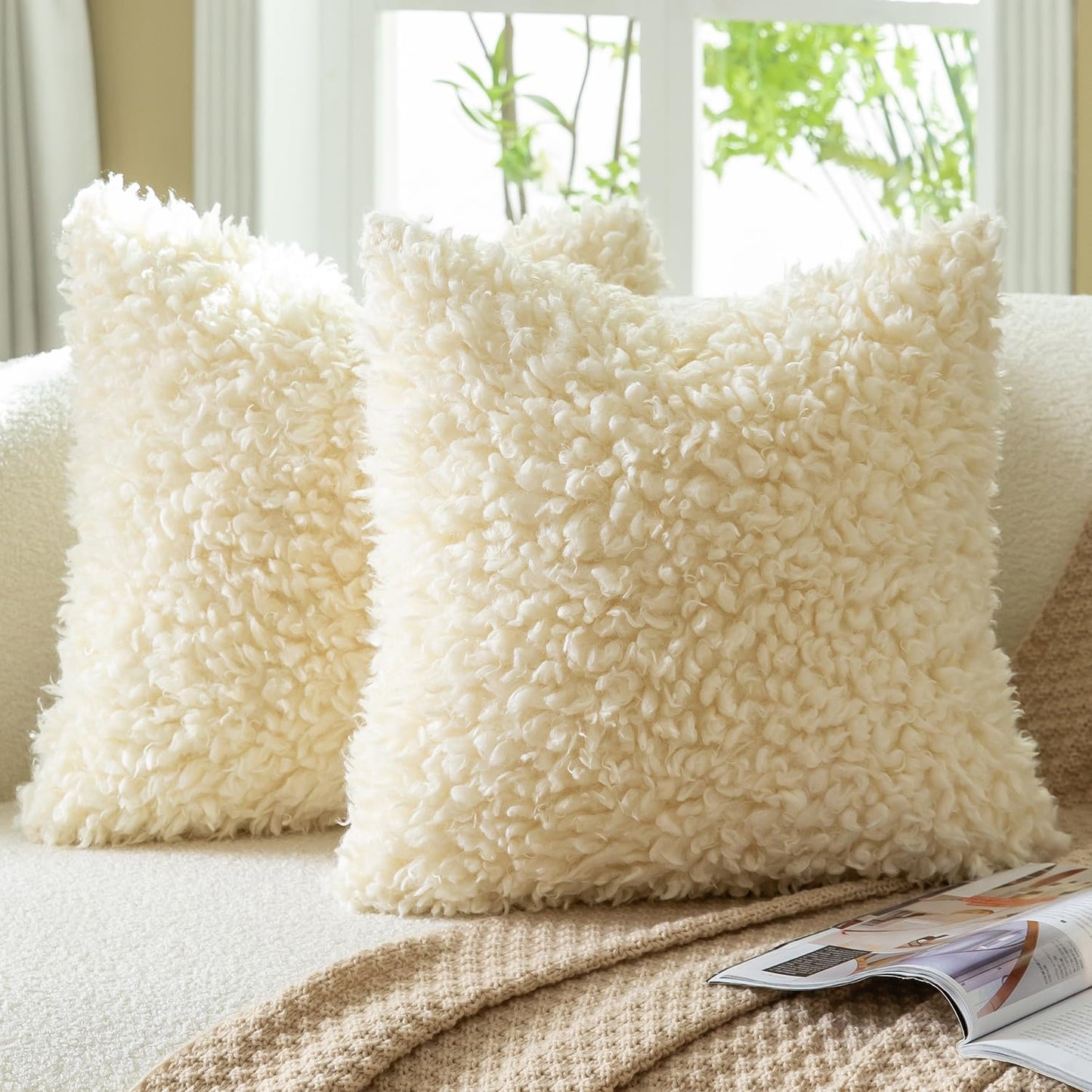 MANDIOO 2 Pieces 18x18 Inch Cream Yellow Faux Fur Throw Pillow Covers Boucle Decorative Sherpa Pillow Covers Thick Fuzzy Fleece Pillowcases Cushion Covers for Sofa Couch Bed Living Room
