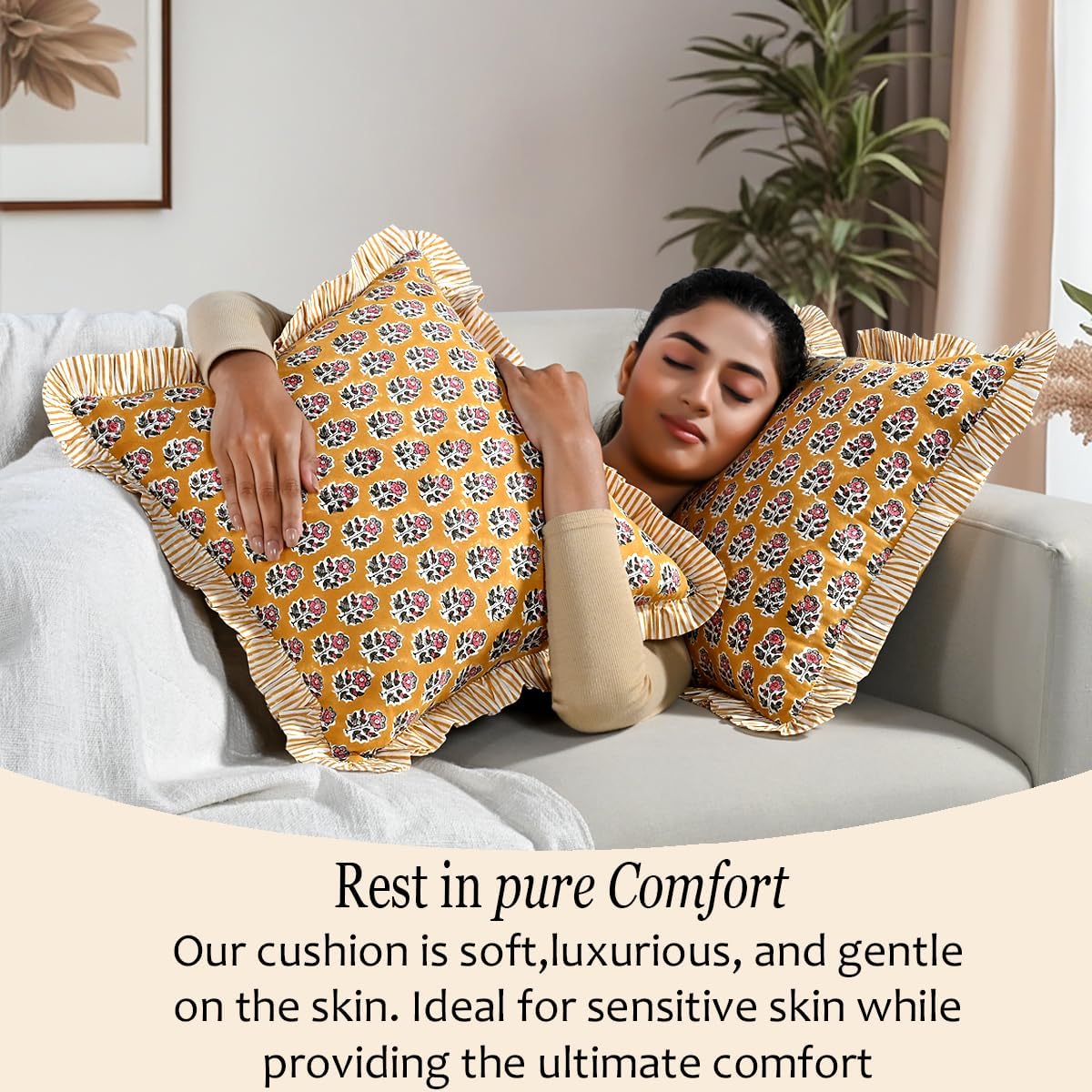 CPC Yellow Citrine Ruffle Throw Pillow Covers for Couch, 20x20 Inch Cotton Stripe Ruffle Couch Pillows for Living Room, Hidden 16 Inch Zipper Boho Pillow Case or Cute Outdoor Ruffle Pillows