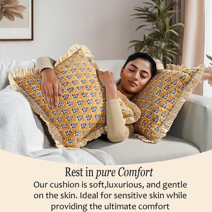 CPC Yellow Citrine Ruffle Throw Pillow Covers for Couch, 20x20 Inch Cotton Stripe Ruffle Couch Pillows for Living Room, Hidden 16 Inch Zipper Boho Pillow Case or Cute Outdoor Ruffle Pillows