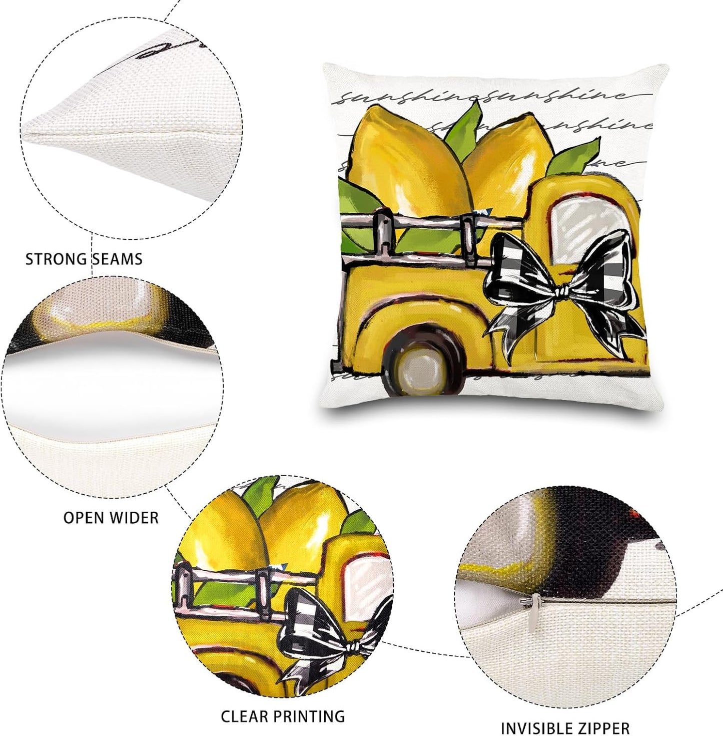 DIYDEC 4PCS Summer Pillow Covers 18x18 inch Hello Summer Throw Pillow Covers Yellow Lemon Truck Pillow Cases Sweet Home Decor Cushion for Holiday Farmhouse Home Sofa Couch