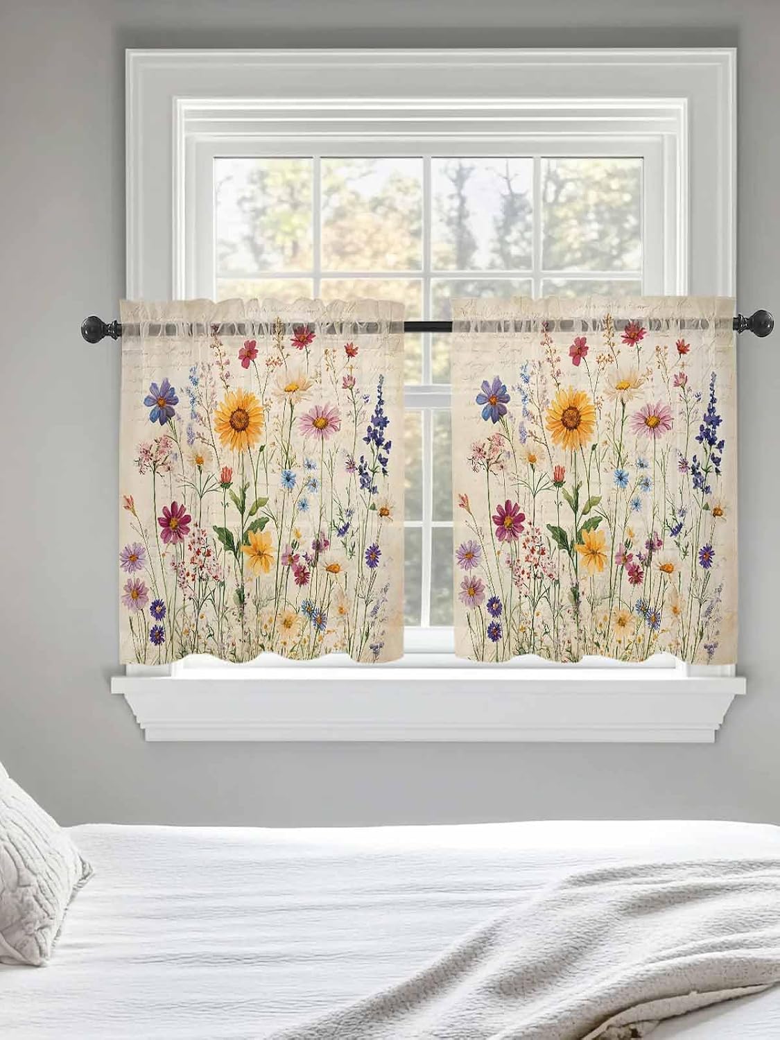Botanical Floral Sheer Curtains for Bedroom Living Room Window Tier Curtain 24 Inch Length, Retro Purple Pink Yellow Wildflowers Rod Pocket Voile Drapes Kitchen Curtains Small Half Window 2 Panels