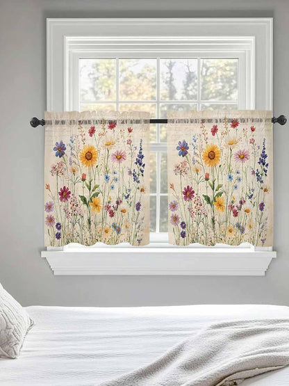 Botanical Floral Sheer Curtains for Bedroom Living Room Window Tier Curtain 24 Inch Length, Retro Purple Pink Yellow Wildflowers Rod Pocket Voile Drapes Kitchen Curtains Small Half Window 2 Panels