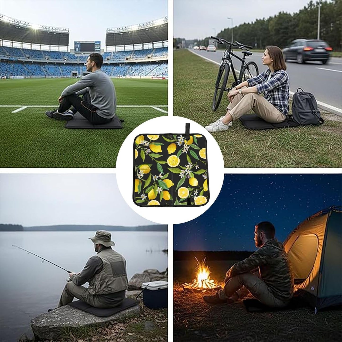 Yellow Lemon Print Fold Away Seat Cushion Portable Outdoor Pad Polyester Bleacher Bench Mat Travel Picnic Pad