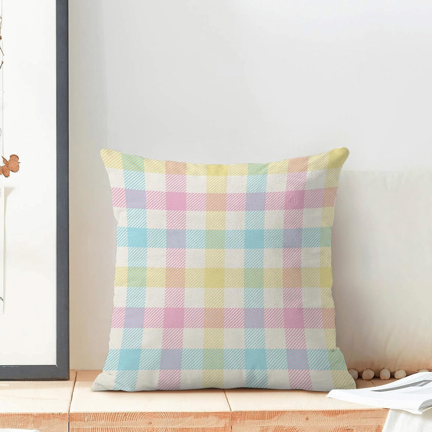 Spring Buffalo Plaid Pillow Covers 18x18 Set of 2 Yellow Blue Pink Checkered Easter Throw Pillows Summer Outdoor Decorative Pillowcase Farmhouse Linen Holiday Decor Cushion Case for Couch Sofa