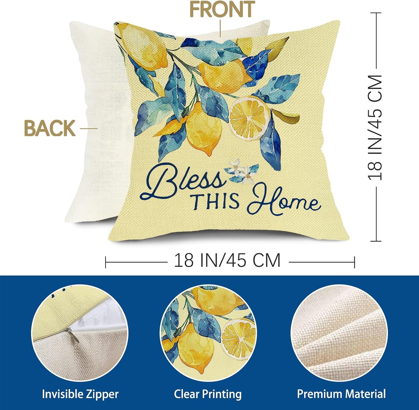 Lemon Decorative Throw Pillow Covers 18 x 18 Set of 4, Home Sweet Home Citrus Fruit Floral Botanical Family Porch Outdoor Decor, Spring Summer Bless This Home Farmhouse Sofa Couch Cushion Case