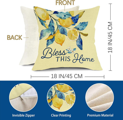 Lemon Decorative Throw Pillow Covers 18 x 18 Set of 4, Home Sweet Home Citrus Fruit Floral Botanical Family Porch Outdoor Decor, Spring Summer Bless This Home Farmhouse Sofa Couch Cushion Case