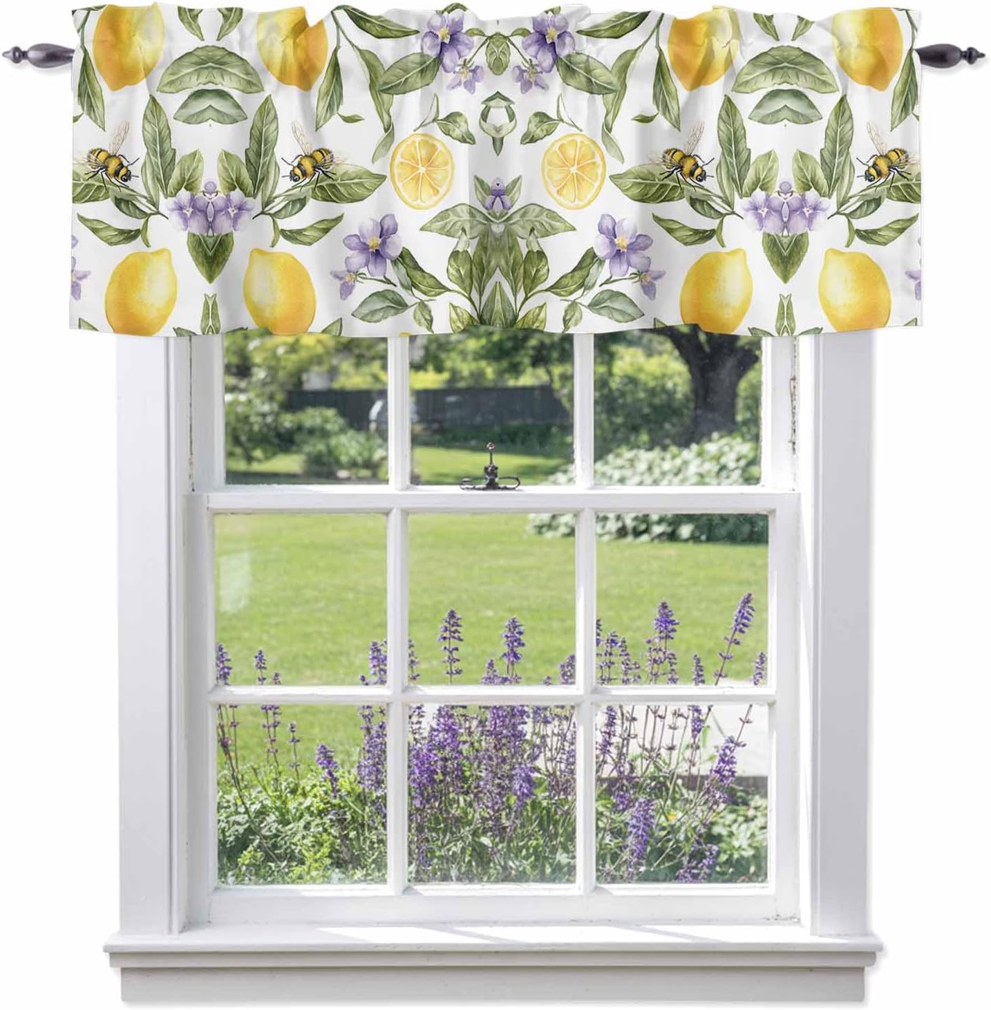 Lemon Flower Valance Curtains Kitchen Curtain for Windows Valance Yellow Fruit Floral Country Bee Summer Sheer Curtains Privacy Bedroom Curtain Topper for Living Room Bathroom Home Decor 42x12in