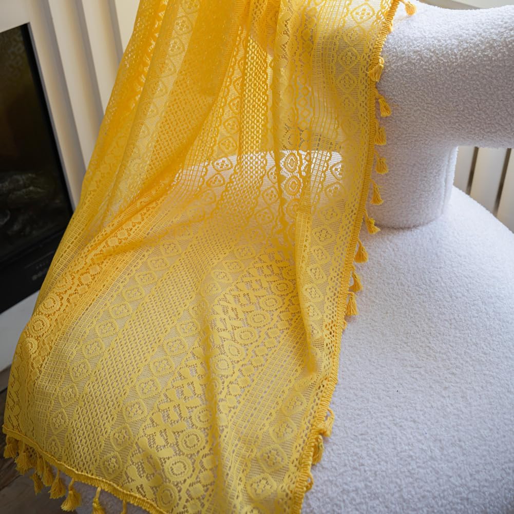 Judy Dre am Boho Hollow Out Curtains 1 Panels,Lace Knitted Curtain with Tassels Rod Pocket Window Treatment Vintage Drapes for Cabinet,Yellow,59" Wx18 L