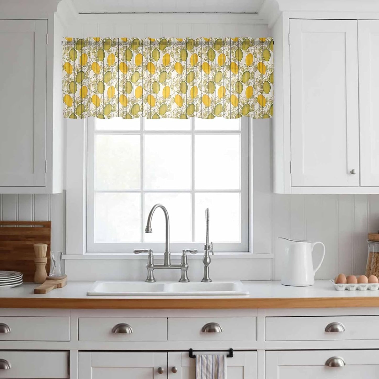Summer Lemon Sheer Curtain 18 Inch Long with Leaves Wooden Light Filtering Rod Pocket Voile Curtain Valance for Bedroom Kitchen Cafe Window 54" W x 18" L