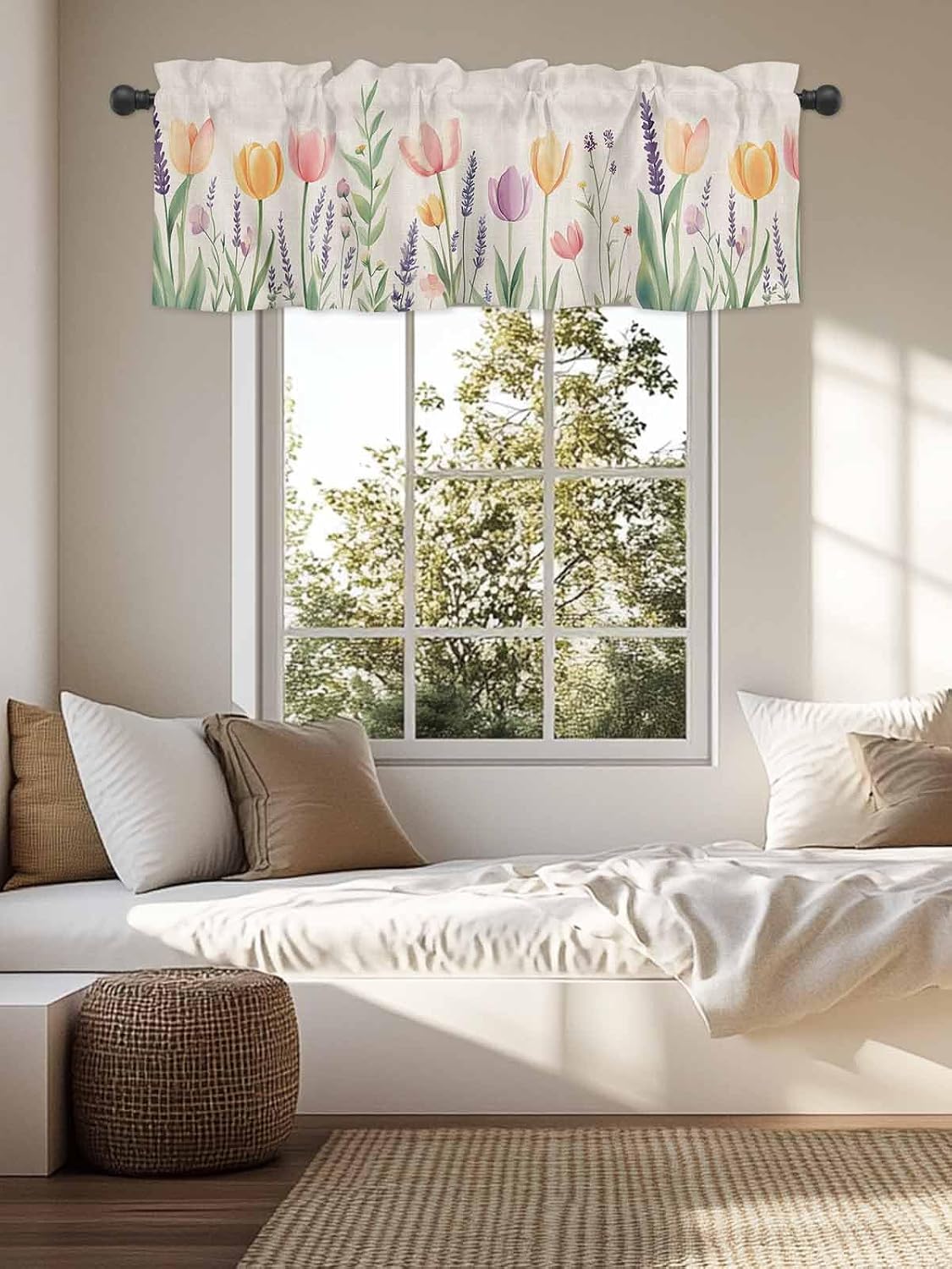 Spring Floral Valances for Windows, Pink Yellow Tulip Kitchen Curtains Window Treatment Decor, Summer Botanical Flowers Rod Pocket Short Window Valances for Living Room/Bedroom, 54" x 18"