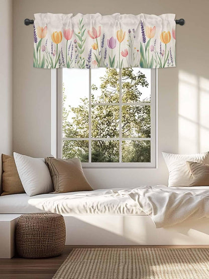 Spring Floral Valances for Windows, Pink Yellow Tulip Kitchen Curtains Window Treatment Decor, Summer Botanical Flowers Rod Pocket Short Window Valances for Living Room/Bedroom, 54" x 18"