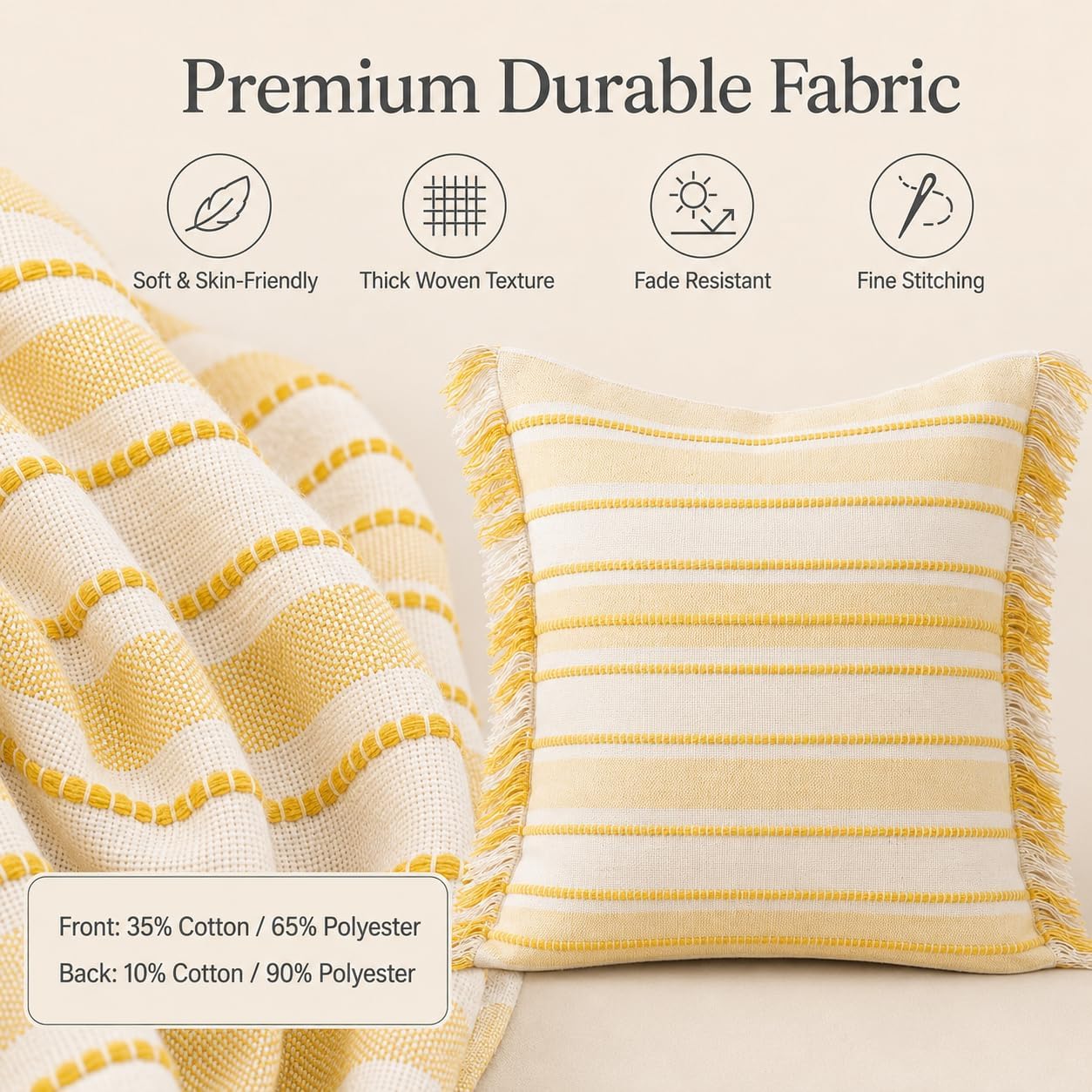 Spring Throw Pillow Covers 20x20 Set of 2, Striped Pillow Covers with Tassel Boho Cushion Cover Cotton Decorative Square Pillowcase for Sofa Couch Bed Living Room Neutral Decor, Yellow