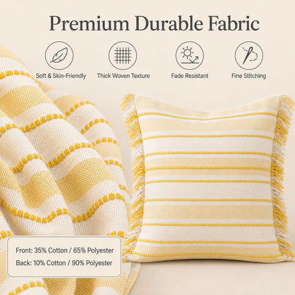 Spring Throw Pillow Covers 20x20 Set of 2, Striped Pillow Covers with Tassel Boho Cushion Cover Cotton Decorative Square Pillowcase for Sofa Couch Bed Living Room Neutral Decor, Yellow