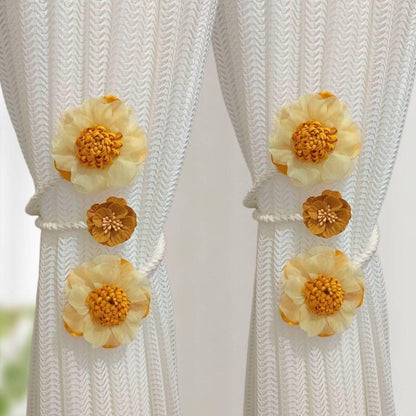 2 Packs Flower Curtain Buckle,Handmade Artificial Flower Curtain Holdbacks Clips,Flexible Curtain Tiebacks Clips Elegant Decorative for Living Room Bedroom(Yellow)
